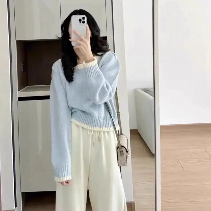 

Soft milk blue sweater women autumn winter gentle style sweet square collar color matching high-end loose pullover knitted tops
