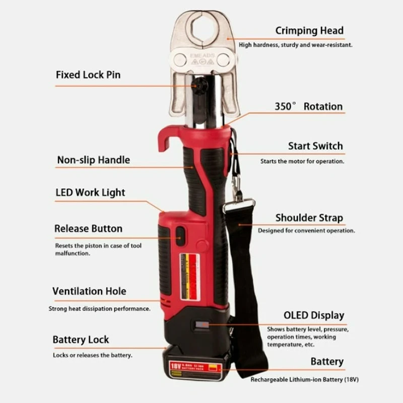 

GE-1550 Hydraulic Press Pipe Electric Tool with 5000mAh Battery Crimping Tool Pipe Crimping Pliers 350°Rotation with OLED Screen
