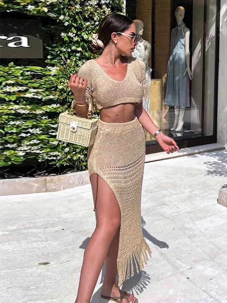 2024 Sexy Side Split Knit Cut Out Tassel Two-Piece Crochet Top Skirt Sets Women Holiday Casual Beachwear Swimsuit Cover Up A2865