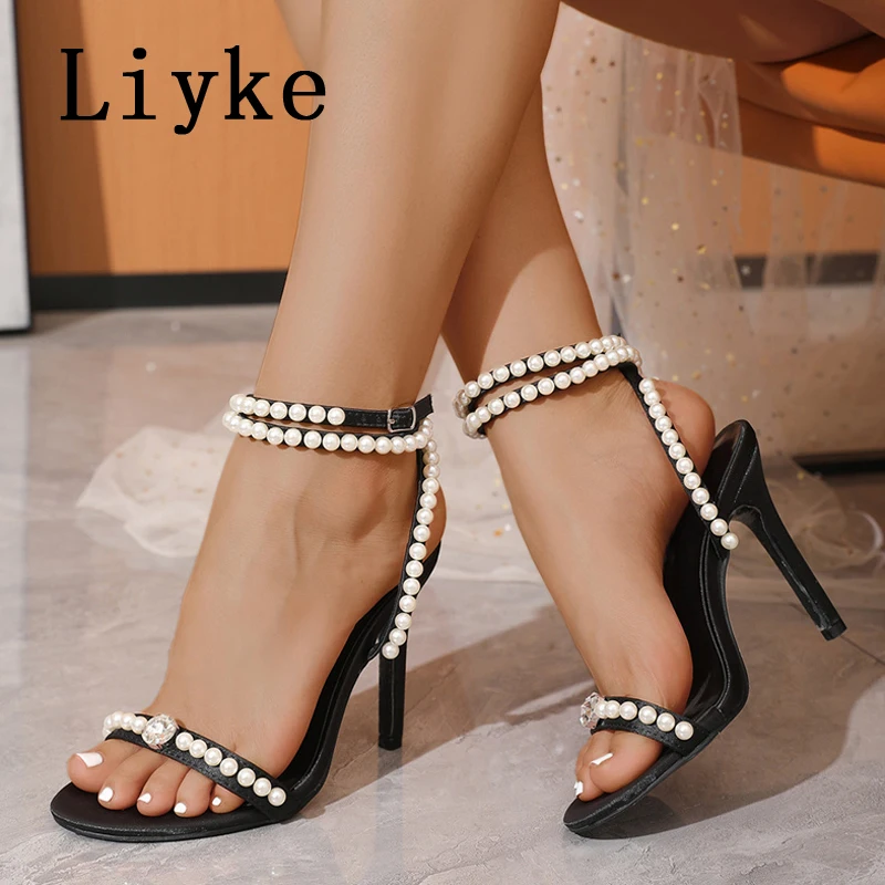 Liyke Fashion Design Pearl Ankle Strap Sandals Women Sexy Open Toe Elegant High Heels Party Prom Shoes Sandalias Verano Mujer