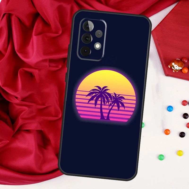 80s Retrowave النيون شجرة النخيل لسامسونج غالاكسي A56 A36 A26 A16 A05 A06 A22 A32 A52 A54 A34 A14 A55 A15 A53 A33 A35 حالة