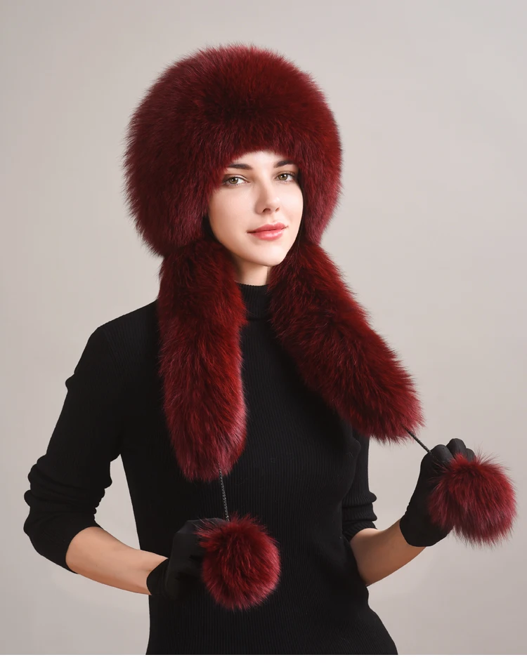 Echte Fuchsfellmütze mit Kaninchenfell-Oberteil, Wintermützen für Mädchen mit langen Schleppen und Pompons, Russische Trappermützen, Kappen und Bonnets für Frauen – Detail 15