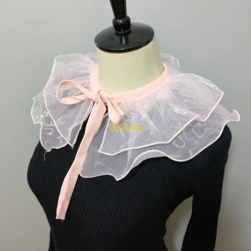 DXAA Stylish Women Pink Organza Detachable False Collar Double Layer Ruffled Shawl Wrap Capes for Collarless Shirt and Dress