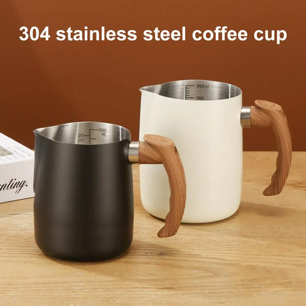 

Latte Art Frothing Pitcher Stainless Steel Milk Frothing Pitcher with Precise Scale Wooden Handle Dripless for Latte for Coffee