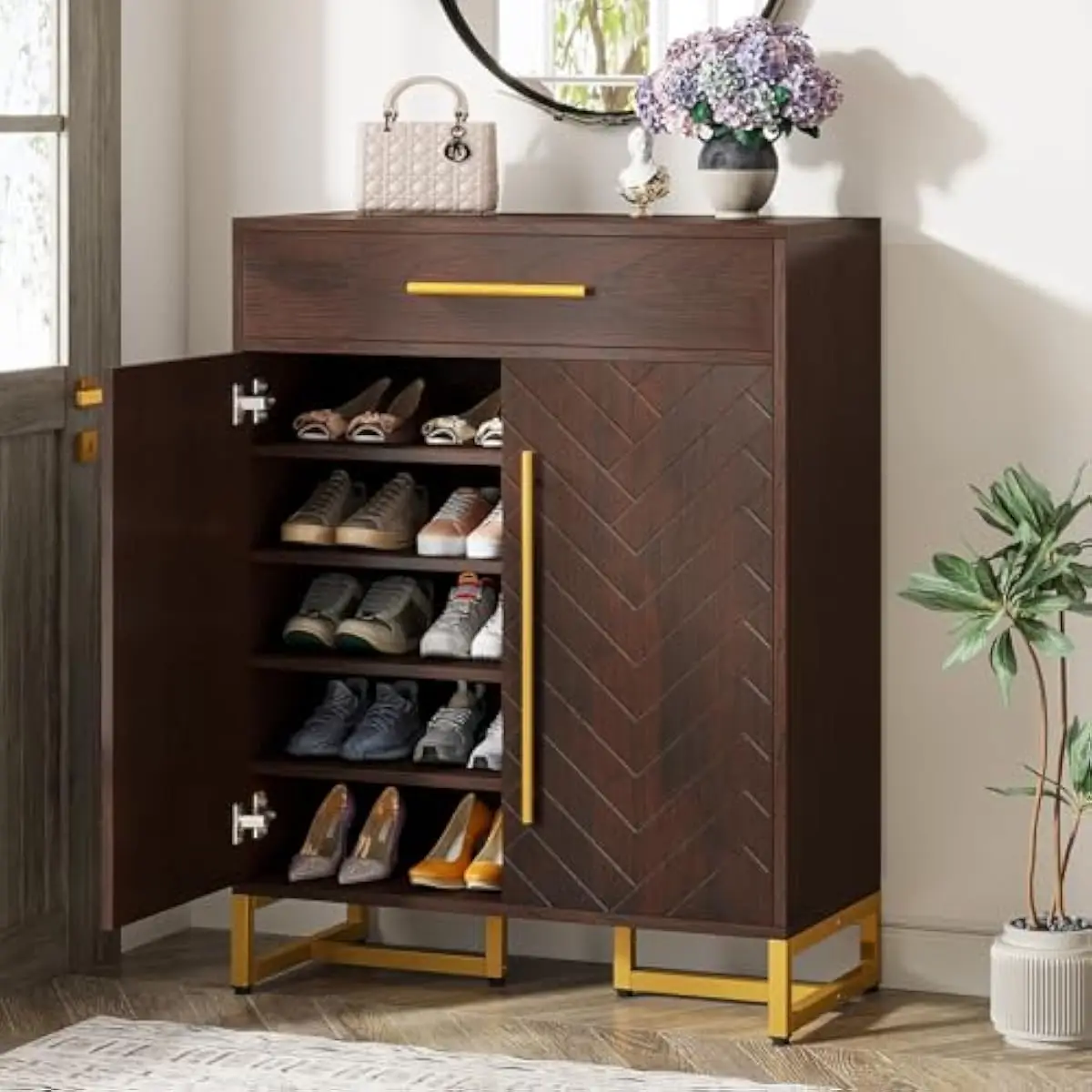 Five-Tier Enclosed Shoe Cabinet with Sliding Drawer and Adjustable Shelves | 15.75 x 31.5 x 39.37 Inches | Walnut Finish with Go
