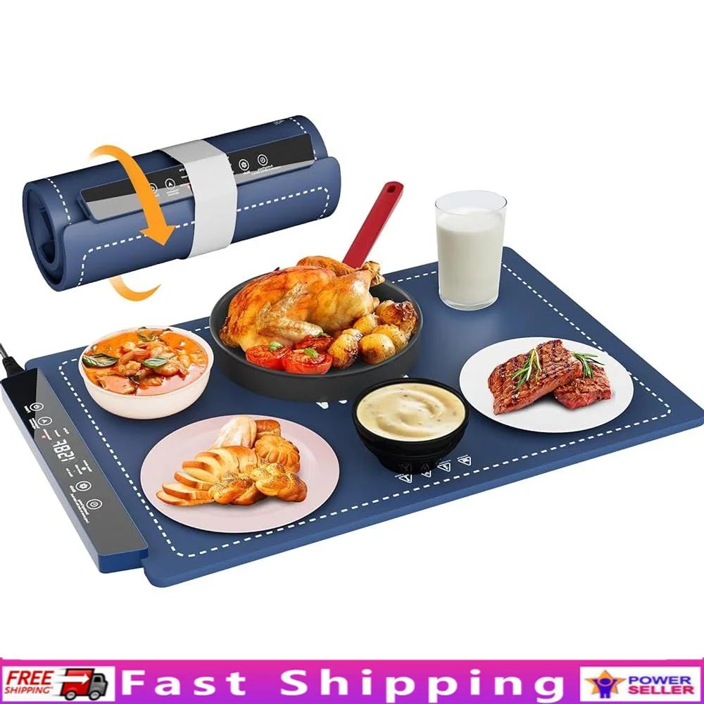 Electric Food Warming Tray Silicone Heat Mat with 8 Adjustable Temp Settings Fast Graphene Heating Compact Foldable Design Touch