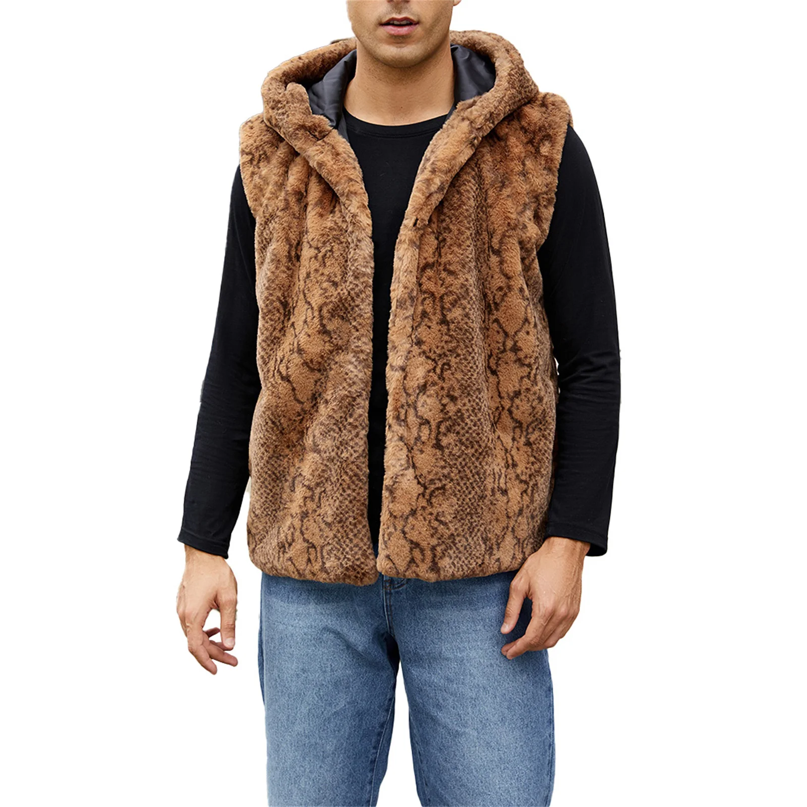 

Winter Warm Outwear Men’s Faux Fur Vest Fuzzy Sleeveless Stand Collar Animal Print Vest Jacket Coat