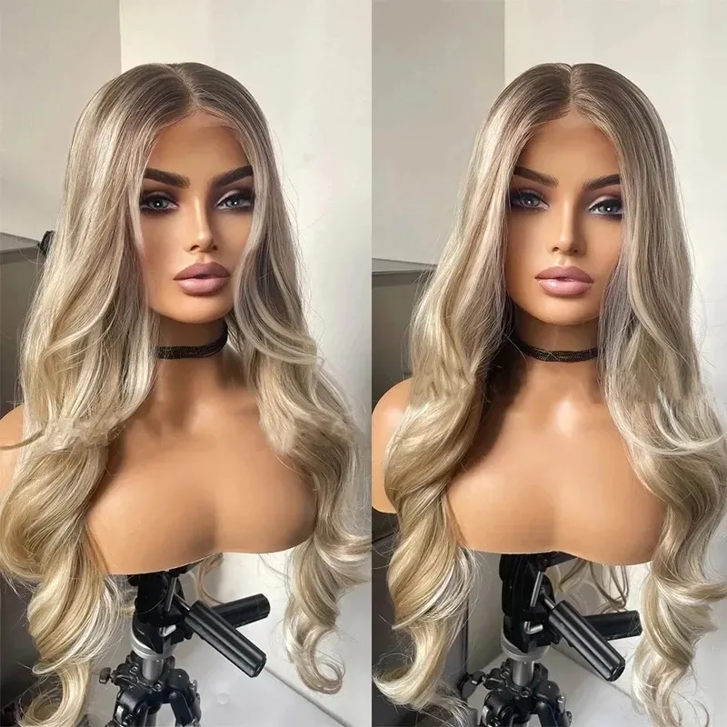 ハイライトオンブレアッシュブロンドウィッグ　ボディウェーブウィッグ　13x4 HD透明レースフロントウィッグ　合成レースフロントウィッグ　女性用　プレプラッキング済み