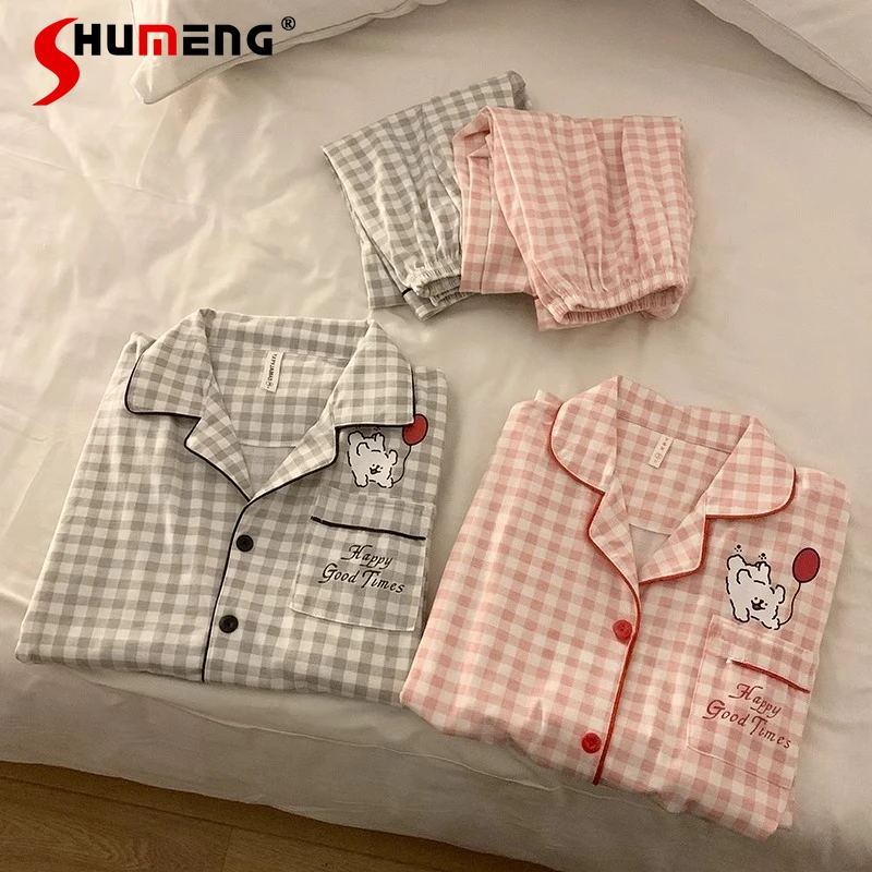 

Пижамный комплект из чистого хлопка в парном стиле, женский весенне-осенний клетчатый пижамный комплект в японском стиле для щенков, женский домашний костюм с длинными рукавами