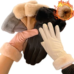 Women Winter Suede Leather Gloves Full Finger Female Warm Plus Velvet Thicken Cahsmere Elastic Windproof Touchscreen Gloves