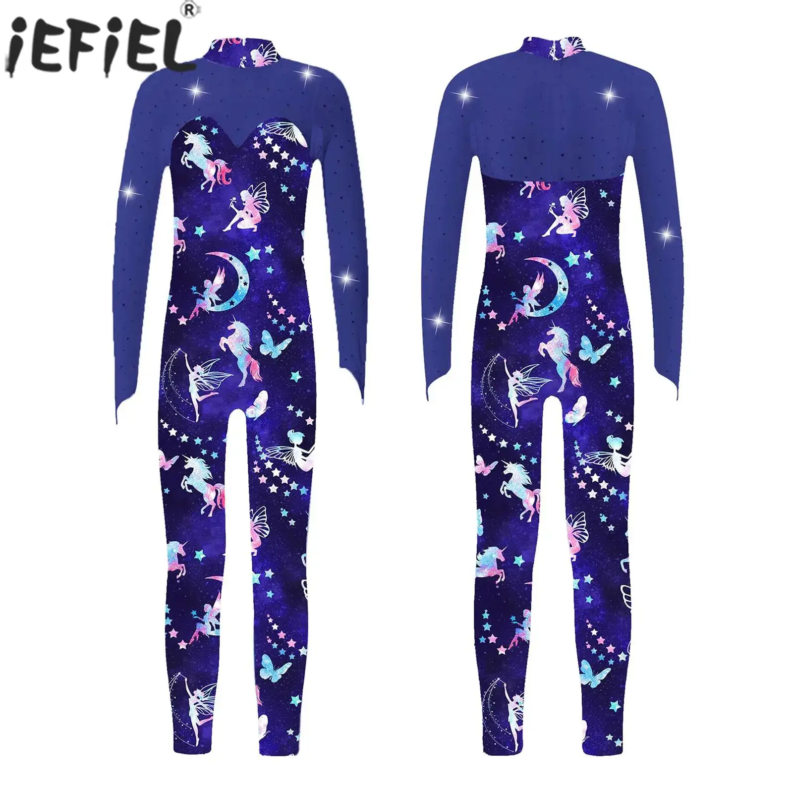 4-12Y Girls Figure Skating Jumpsuit Long Sleeve Ballet Dance Gymnastic Leotard Acrobatics Yoga Bodysuit Performance Dancewear