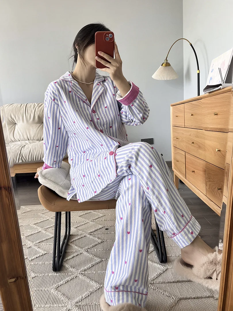 Damen Niedlicher Cartoon-Druck 100% Baumwolle Gebürstetes Pyjama-Set Frühling Herbst Langarm-Oberteil Lange Hose 2-teilig Loungewear Homewear – Detail 10