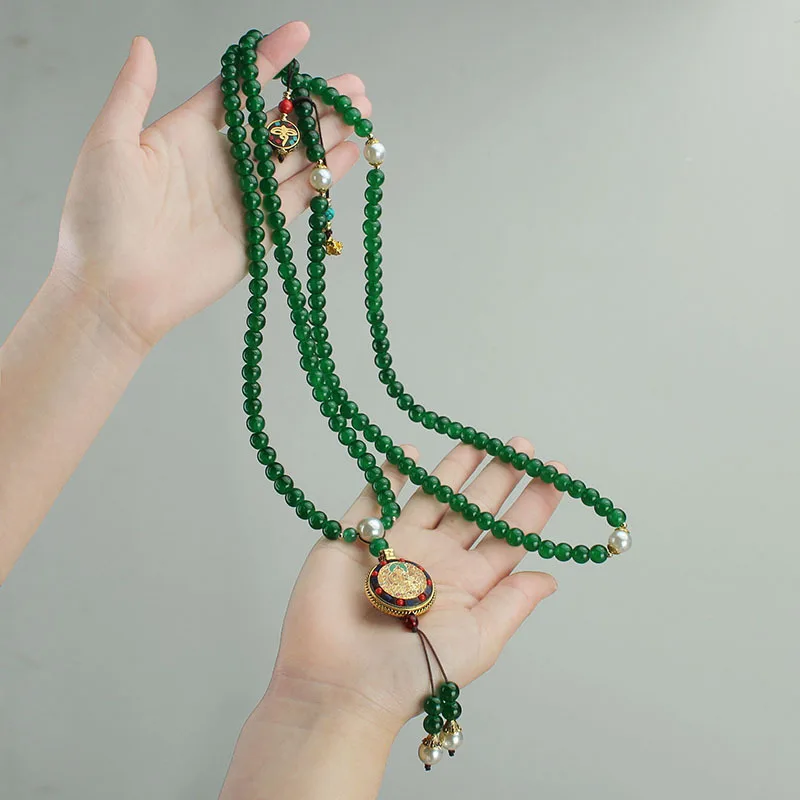 

DIY accessories New Chinese style long round bead beaded fringed necklace women's Tibetan thangka pendant crossbody chain versat