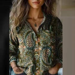 Ethnic Retro Spring And Autumn Women's Casual Shirt Fashion Floral Print Top Lapel Long Sleeve Bohemian 2025 Women Clothing