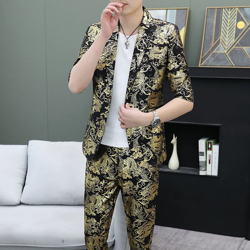 Printed Mid-sleeve Small Suit Men\'s Suit Summer Thin Korean Version Personality Trend Handsome Seven-quarter Sleeve Suit Jacket