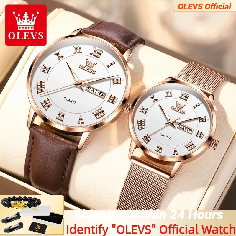 

OLEVS 2920 классические часы для мужчин и женщин Дата Неделя водонепроницаемый кожаный ремешок парные часы мужские часы женские часы набор романтических