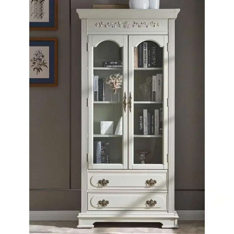 American solid wood bookcase, European style with glass door dustproof white, free combination bookshelf