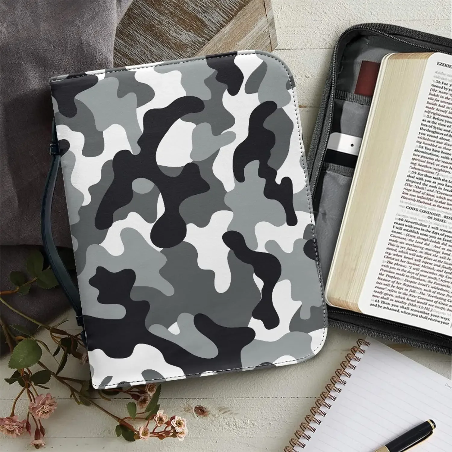 

Camouflage Leather Bible Covers Black Camo for Boys with Handle Zipper Organizer Protective Notebook Cover Bible Study Supplies