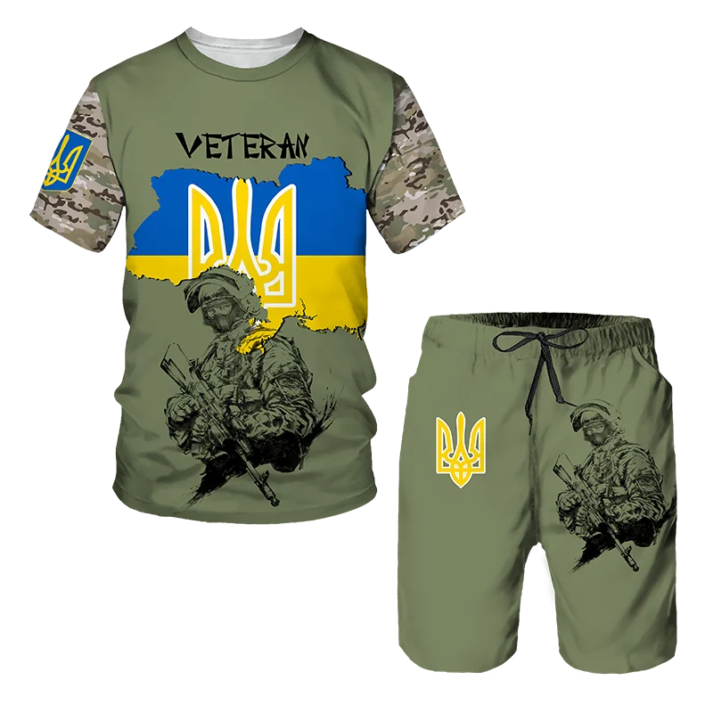 

New Summer Ukraine Special Forces Tracksuit Men's T Shirt Set Short Sleeve Clothing Camouflage Sportswear Jogging 2 Piece Suit