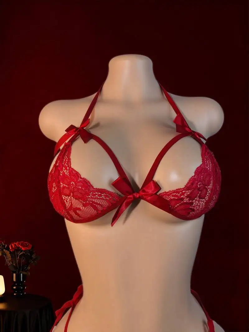 Women sexy red lace lingerie set halter bra side ties thong with satin bows Panties floral embroidery and sheer bra Briefs Set - Image 6