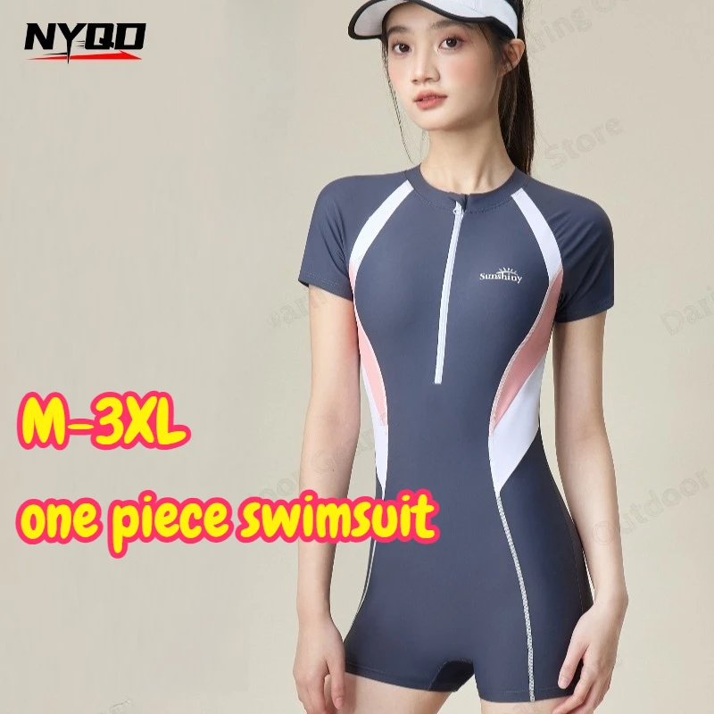 Women Short Sleeve Front Zipper One Piece Boyleg Swimsuit Athletic Training Pool Swimwear Color Block Bathing Suit