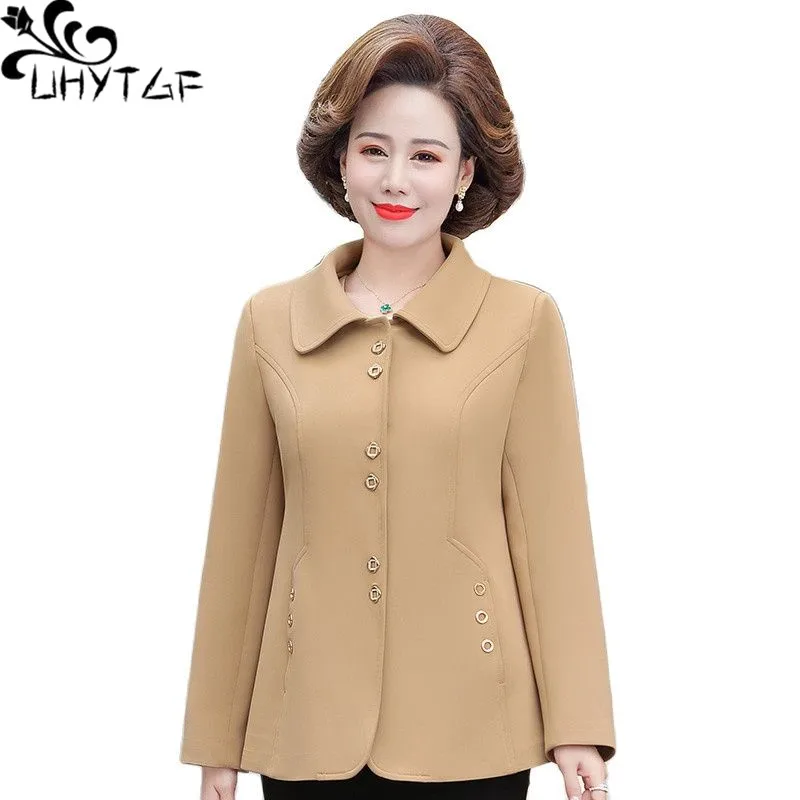 

UHYTGF 5XL New Mom Spring Autumn Trench Coat Womens Fashion Single Breasted Outerwear Female Middle-Aged Ladies Windbreaker 1964