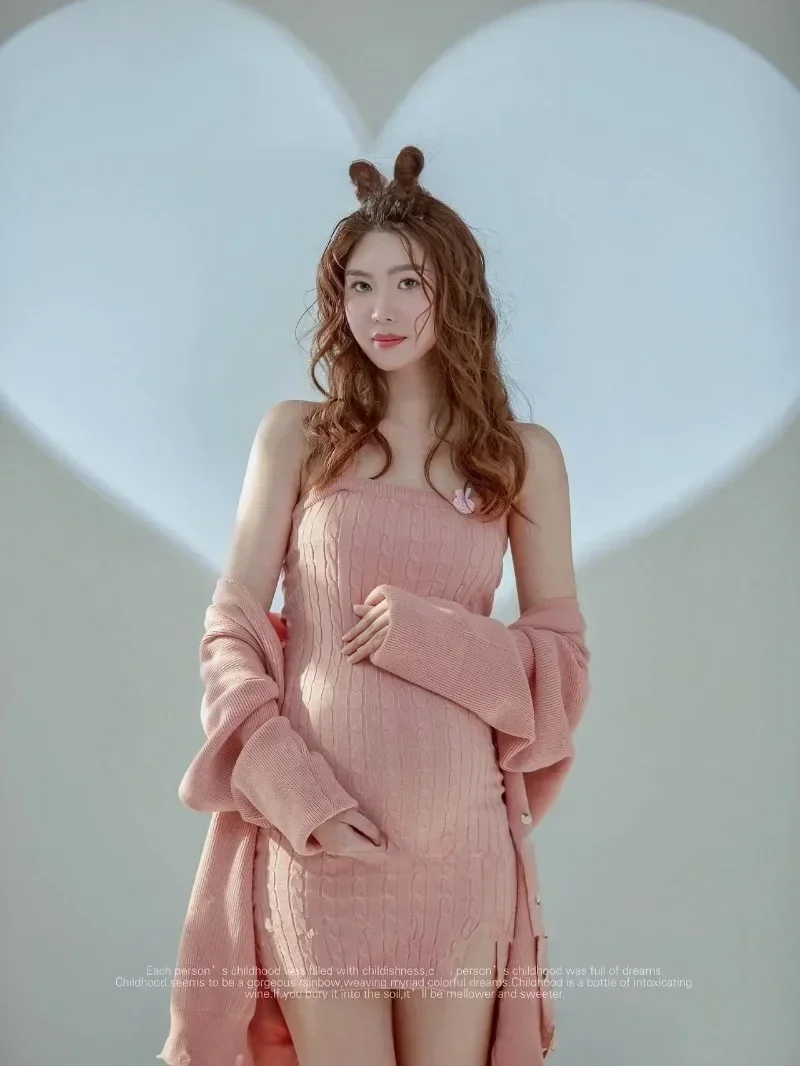 Rekwizyty fotograficzne dla kobiet Sukienka ciążowa Różowa sukienka z dzianiny Sukienki ciążowe z kardiganami 2-częściowe Studio Sesja zdjęciowa Ubrania fotograficzne