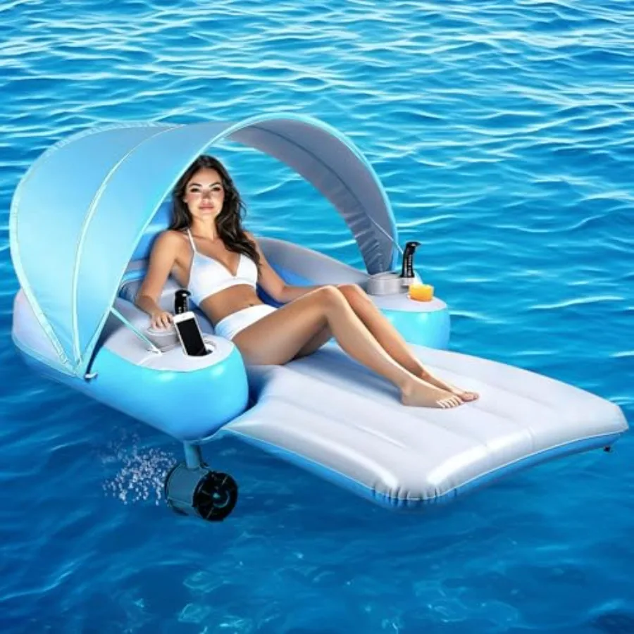 

Motorized Pool Float with Canopy Rechargeable Dual Motors Heavy Duty Pool Lounger in Blue Holds up to 300 lbs for Pool Party La
