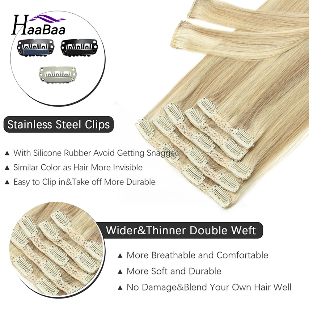 HaaBaa Clip In Human Hair Extension Highlight Blonde Real Natural Hair Clip Ins 7pcs/set Ash Blonde With Light Blonde P18-613#