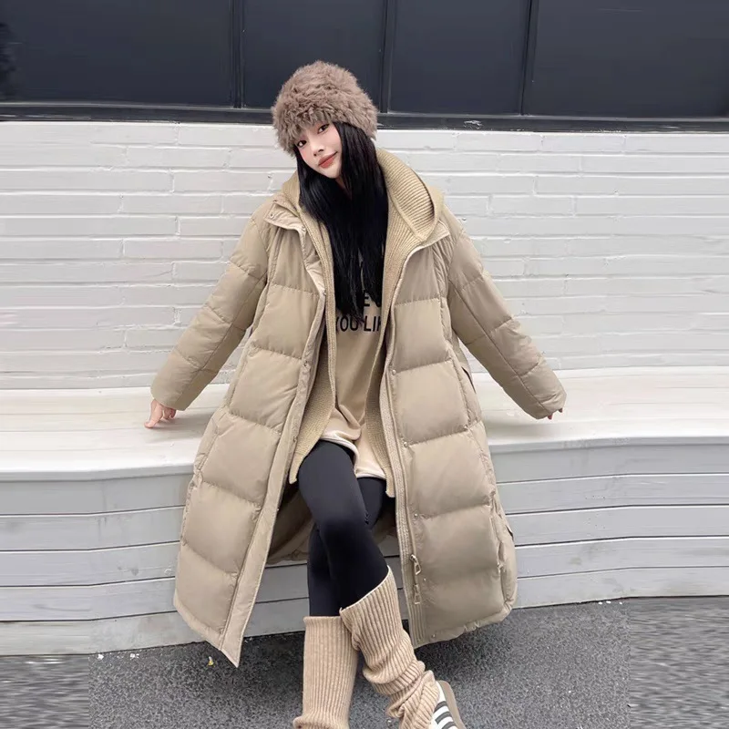2025 Winter European New Women's Down Jacket Commuter Knitted Hooded Long Down Jacket