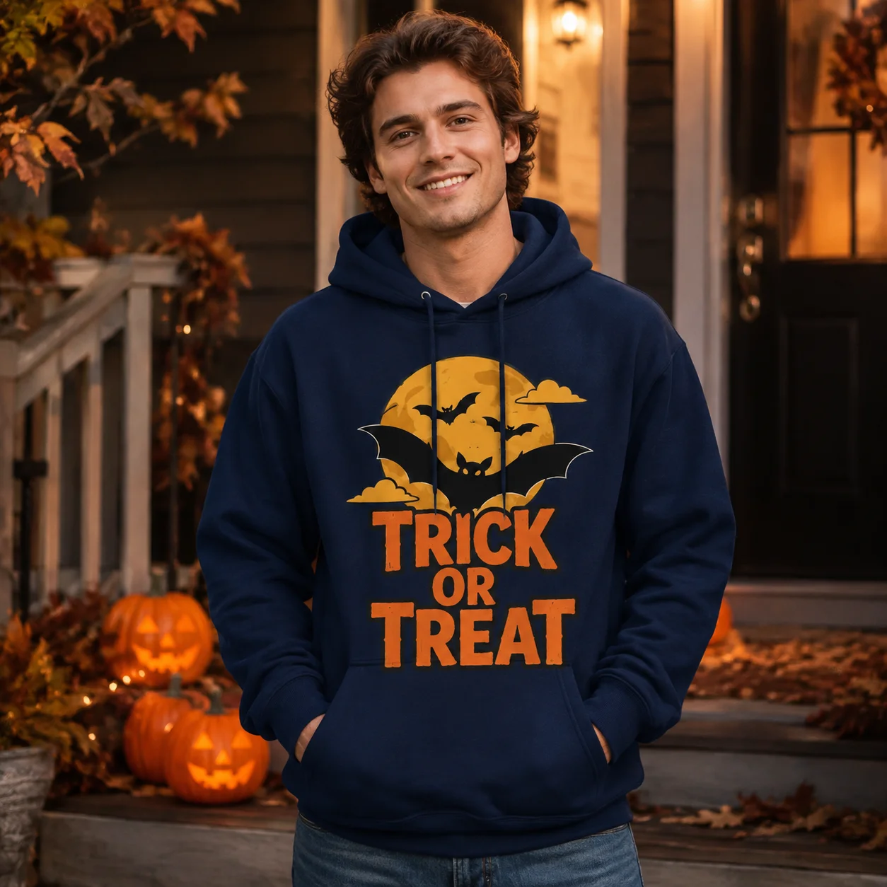 Personalized Warm Hoodie Fashion Custom Halloween Bat Sweatshirt Full Moon Fall Spooky Party Pullover Autumn Holiday Sweater