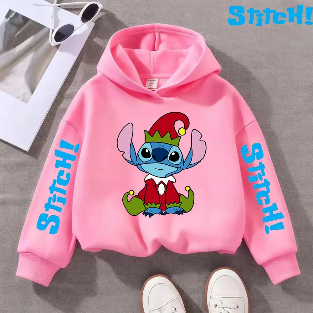 

Hot Cartoon Disney Stitch Christmas Fun Print Boys Girls Hoodie Children's Fall Winter Outdoor Fashion Warm Hooded Sweatshirt