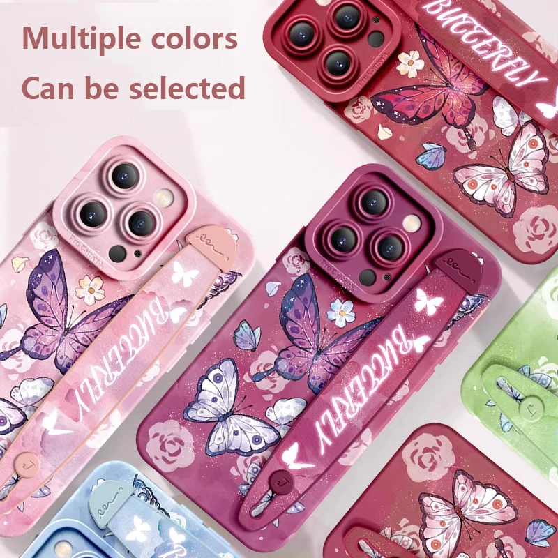 Deluxe Wrist Band Bracket Case For iphone 15 14 13 12 11 Pro Max XR X Silicone Cell Phone Protective Cover Colorful Butterflies