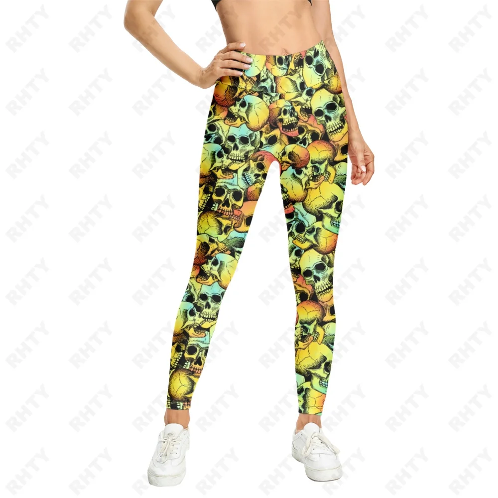 Rhty Merk Casual Vrouwen Legging Kleurrijke Leaf Weed Schedel 3D Gedrukt Broek Hoge Taille Stretch Naadloze Legging Sportkleding