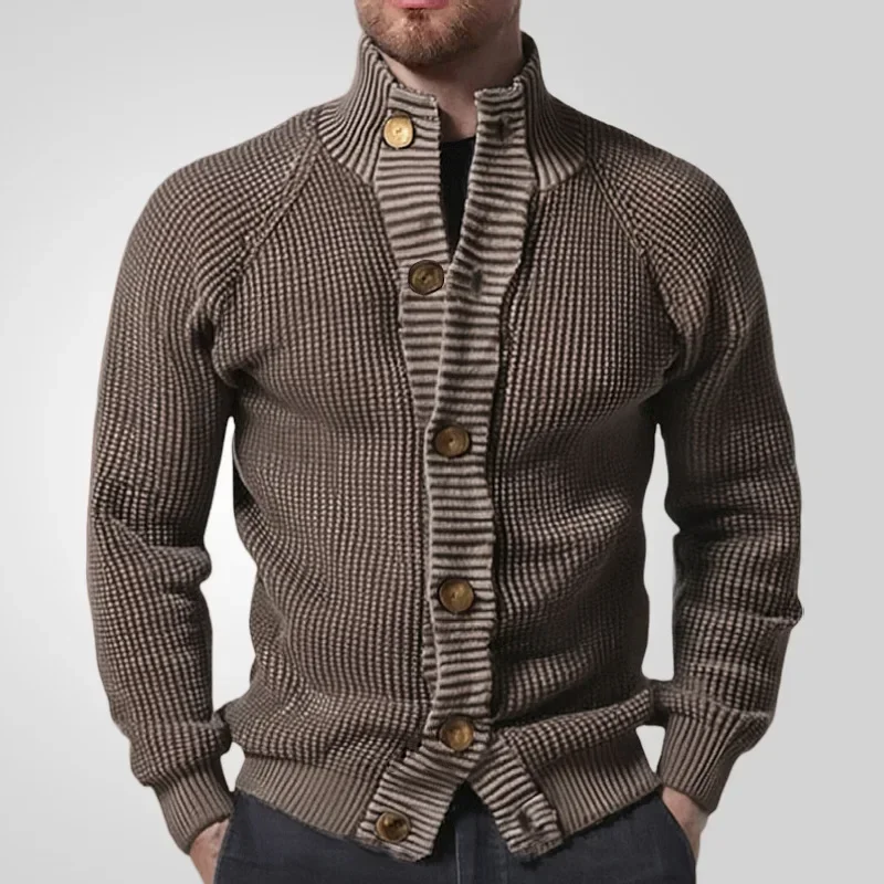 

Cardigan Men Stand Collar Sweaters Coat Knitted Full Sleeve Single Breasted Solid Knit Thick Open Stitch Coats Autumn Winter