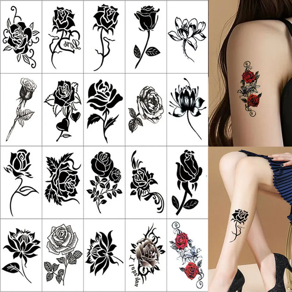 20 pièces tatouages temporaires imperméables fleur noire Rose Lotus faux tatouage pour femmes filles papillon Rose tatouage autocollants Art corporel