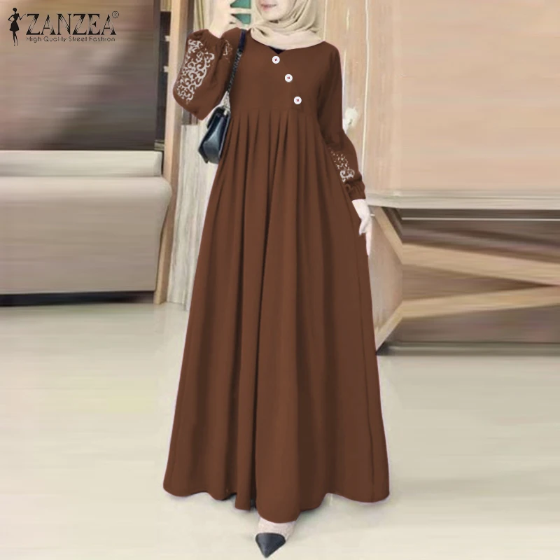 

ZANZEA Fashion Turkey Muslim Dress Vintage Eid Mubarek Vestidos Woman Long Sleeve Neck Dresses Elegant Party Sundress Oversized