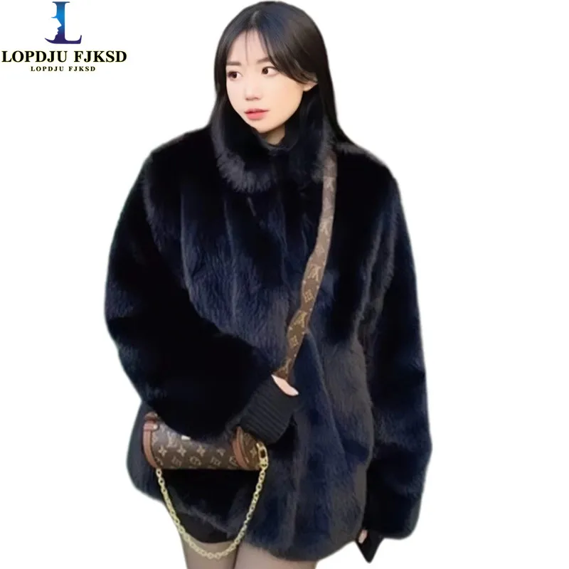 Women's Real Rex Rabbit Fur Coat Stand Collar Loose Fit Warm Jacket Korean Autumn Winter Outerwear Thickened