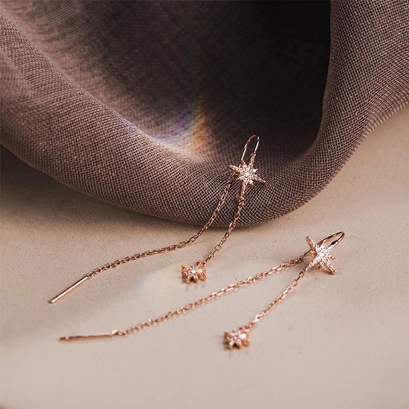 Long Tassel Octagonal Star Earrings 925 Sterling Silver Sparkling Star Temperament Ear Buckle Fashionable Jewelry Gift