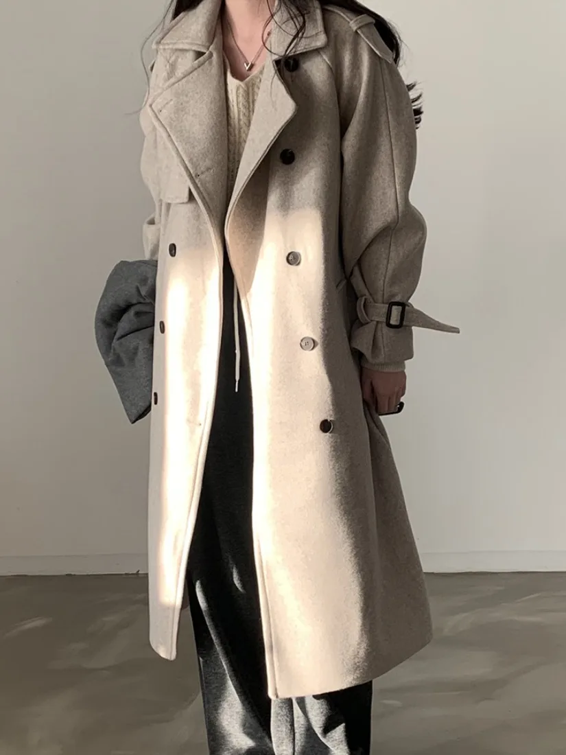 

Шикарное осенне-зимнее винтажное двубортное шерстяное пальто длиной до колена с поясом для похудения, женское длинное пальто, верхняя одежда, модное пальто...