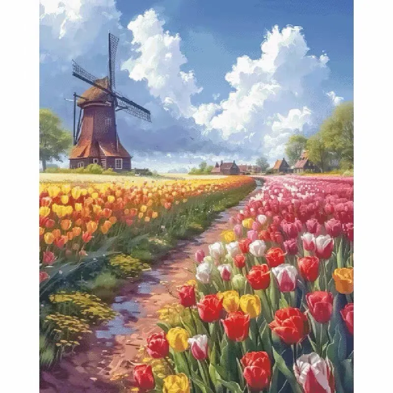 

ZZ8664- Tulip Fields Under Windmills 14CT 16CT 18CT Stamped Canvas Cross Stitch DIY Set Needlework Embroidery 189 Colors