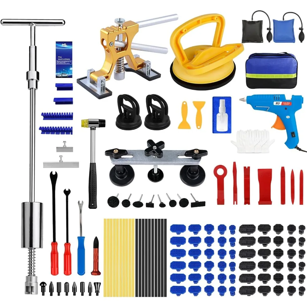 طقم إصلاح دنت احترافي مكون من 129 قطعة: مطرقة منزلقة وأدوات على شكل حرف T لإزالة أضرار حلفة السيارة