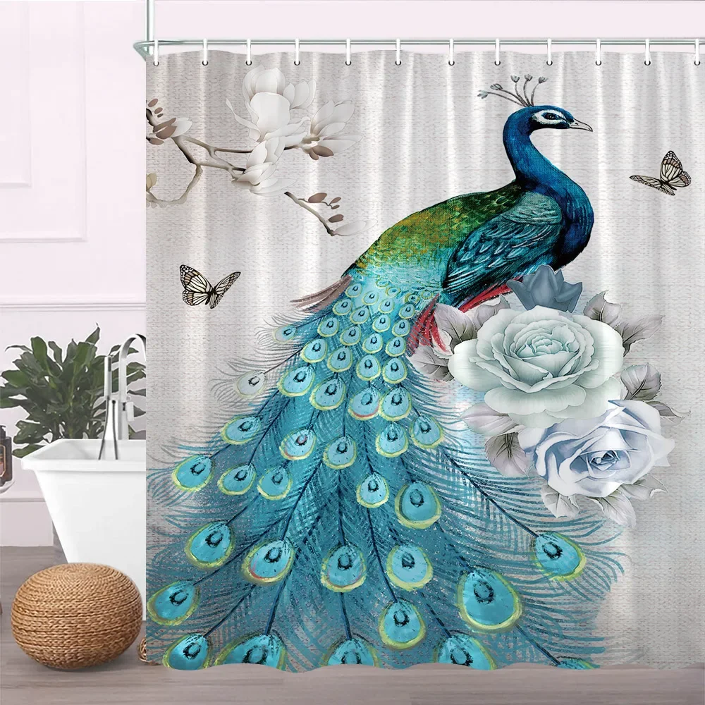 Peacocks Shower Curtains Blue Beautiful Bird Flower Plant Watercolor Pattern Print Bathroom Decor Cloth Hanging Curtain Set