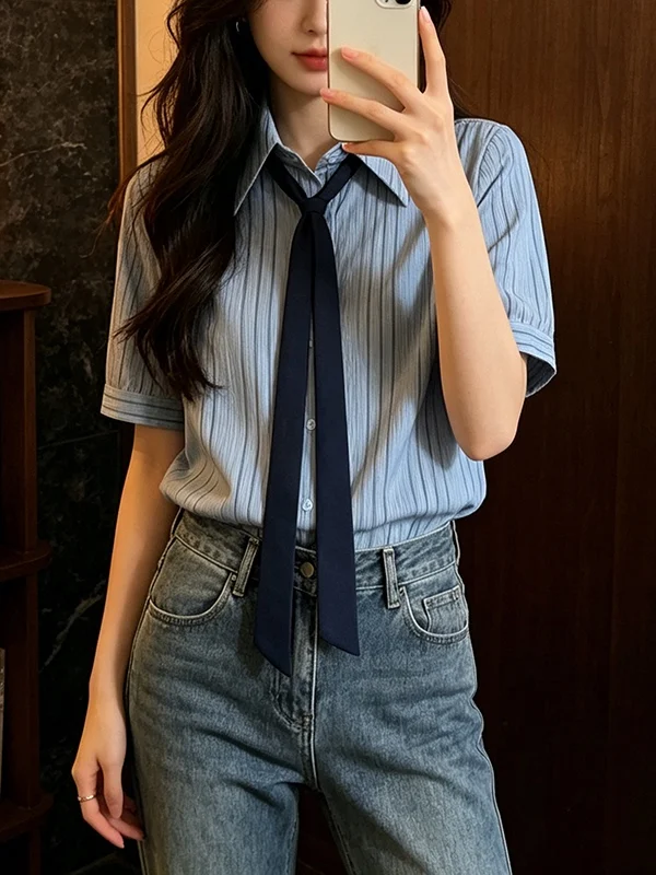 

Loose Texture Striped Shirt Women's plus Size Summer New Style Color Block Bow Tie Shirt Korean Style Commute Fashion