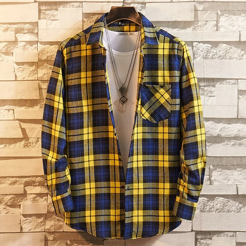 2026 New Men Casual Plaid Flannel Shirt Long-Sleeved Chest  with Pocket Design Fashion Boy Young Button Clothes