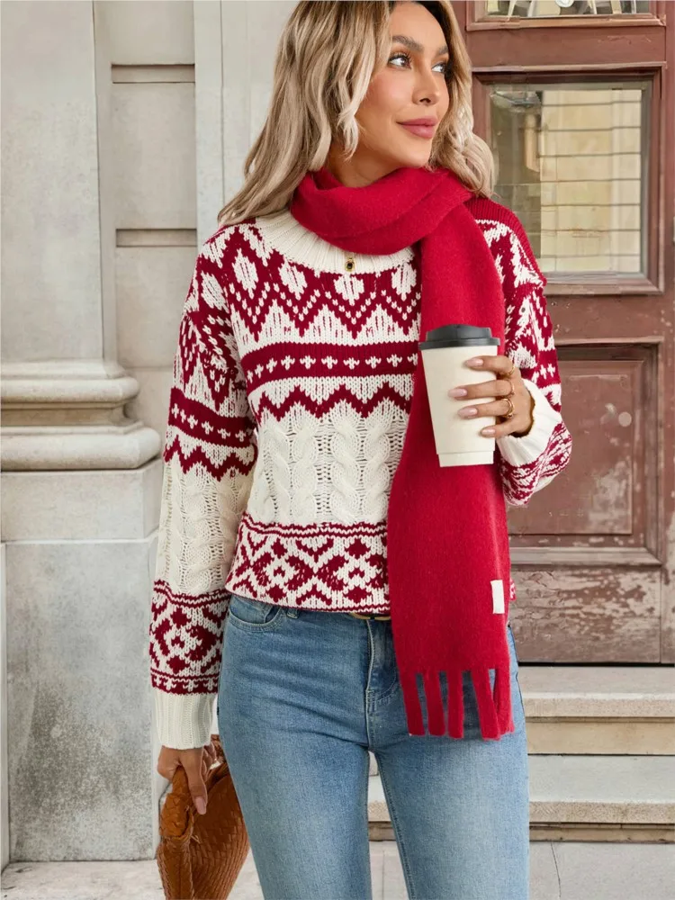 

2025 Christmas Winter Clothes Woman Pulls Femmes Warm Crew Neck Sweater All-match Loose Simple Style Pullover Comfortable Casual