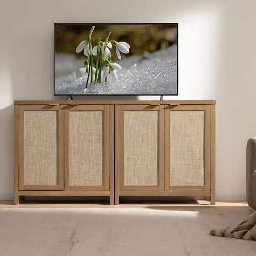 خزانة بوفيه جانبية من Boho Rattan مع أرفف قابلة للتعديل، وحدة تحكم مزرعة من خشب البلوط للمطبخ، غرفة المعيشة، المدخل، قطعتان #5