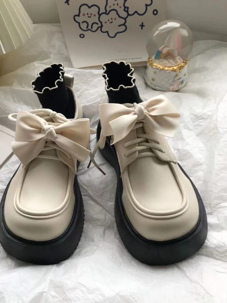 College Style Vintage Shoes Women Japanese Kawaii Bow Casual Mary Janes Shoes Female Lace-up Elegant Platform Shoes 2023, Summer