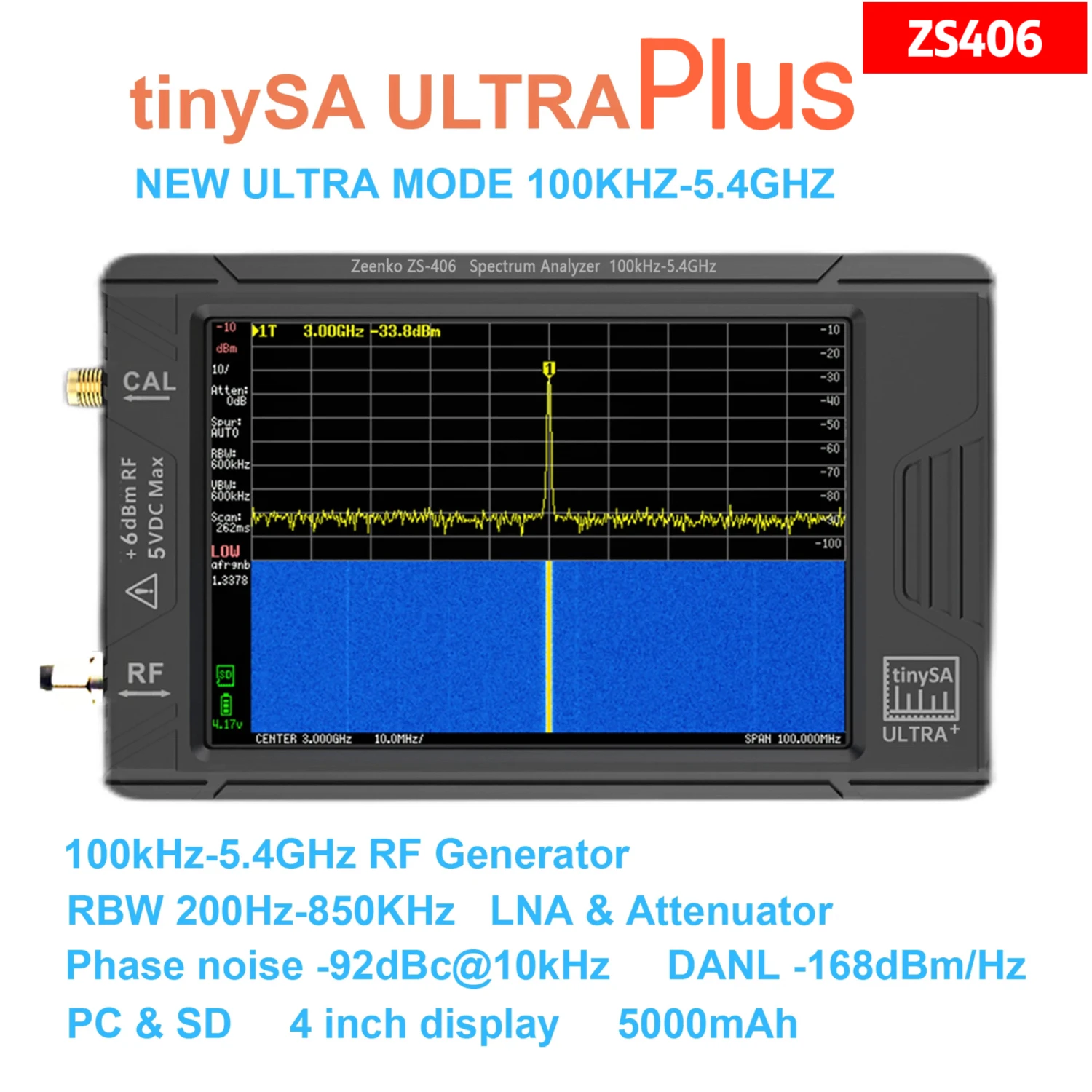 Оригинальный крошечный анализатор спектра tinySA ULTRA Plus ZS406 100k-5,4 ГГц с 4-дюймовым дисплеем, радиочастотный генератор с батареей