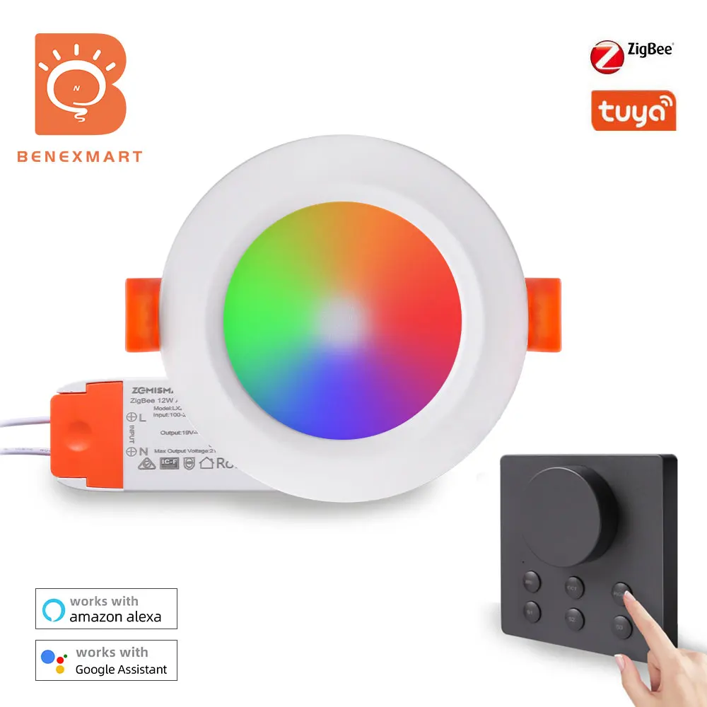 Benexmart Tuya Zigbee 15W Smart LED Downlight with Wireless Knob Switch RGB+CW Dimmable Ceiling Light Alexa Google Home Voice